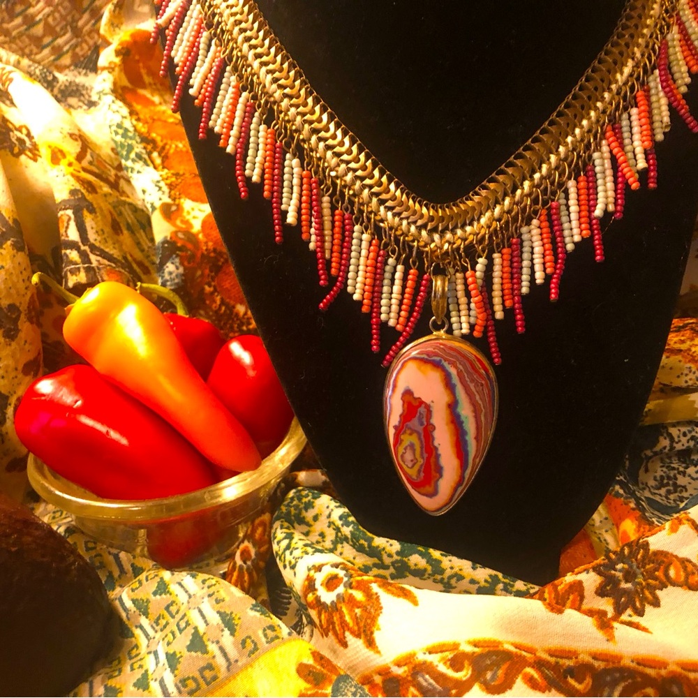 Gold Multicolored Beaded Necklace, surrounded in 925 Mexican Laguna Lace Pendant